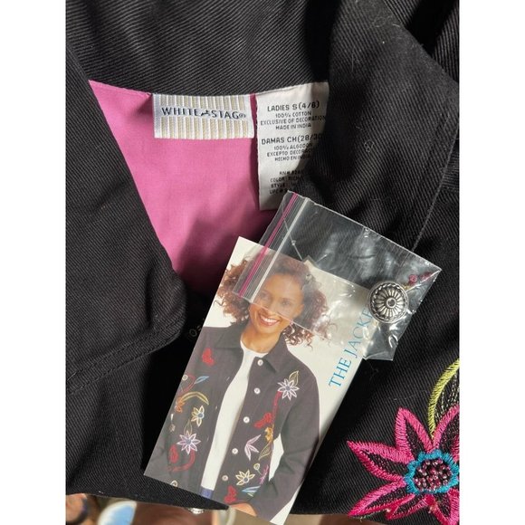 White Stag Womens Denim Jacket Coat Black Floral Button Up Embroidered S New - Picture 11 of 12